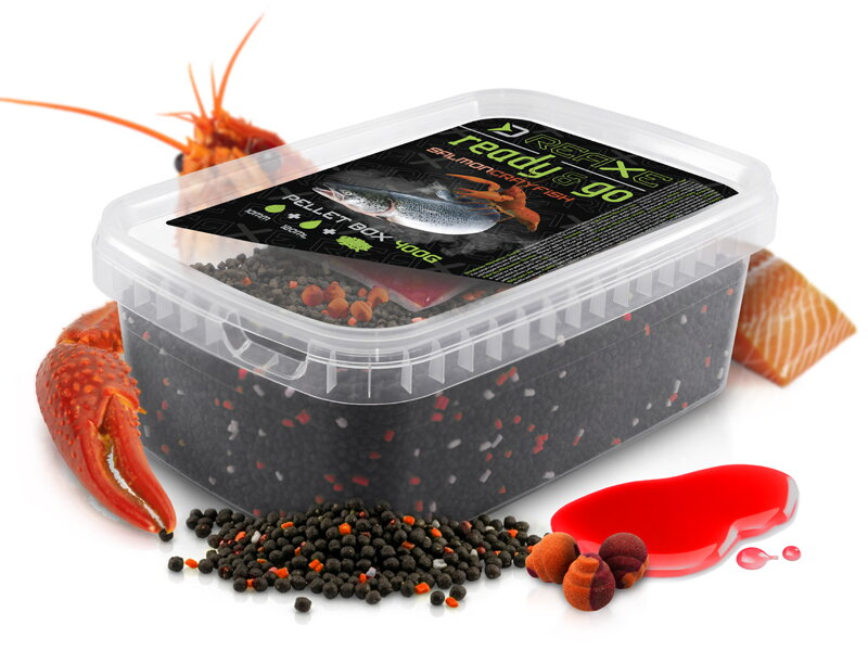Pellet box Delphin Reaxe READY&GO - Losos-Rak/400g+120ml booster+10mm wafters