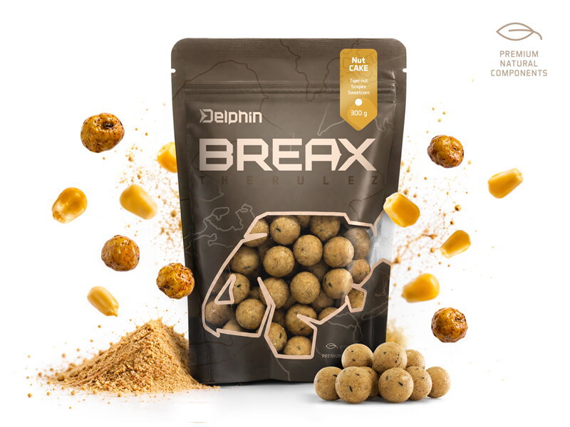 Boilies Delphin BreaX / NutCAKE - Tigrí orech-Scopex-Sladká kukurica/16mm/300g