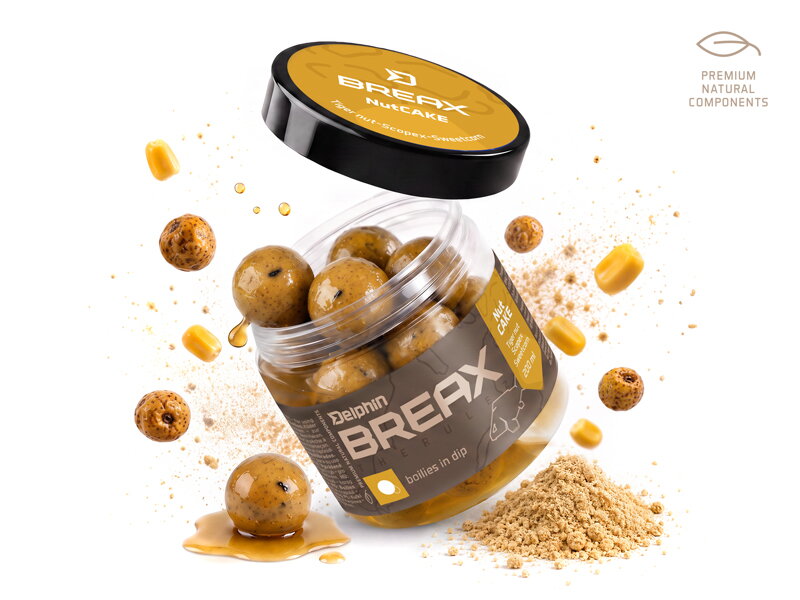 Boilies v dipe Delphin BreaX/NutCAKE - Tigrí orech-Scopex-Kukurica/20mm/200ml